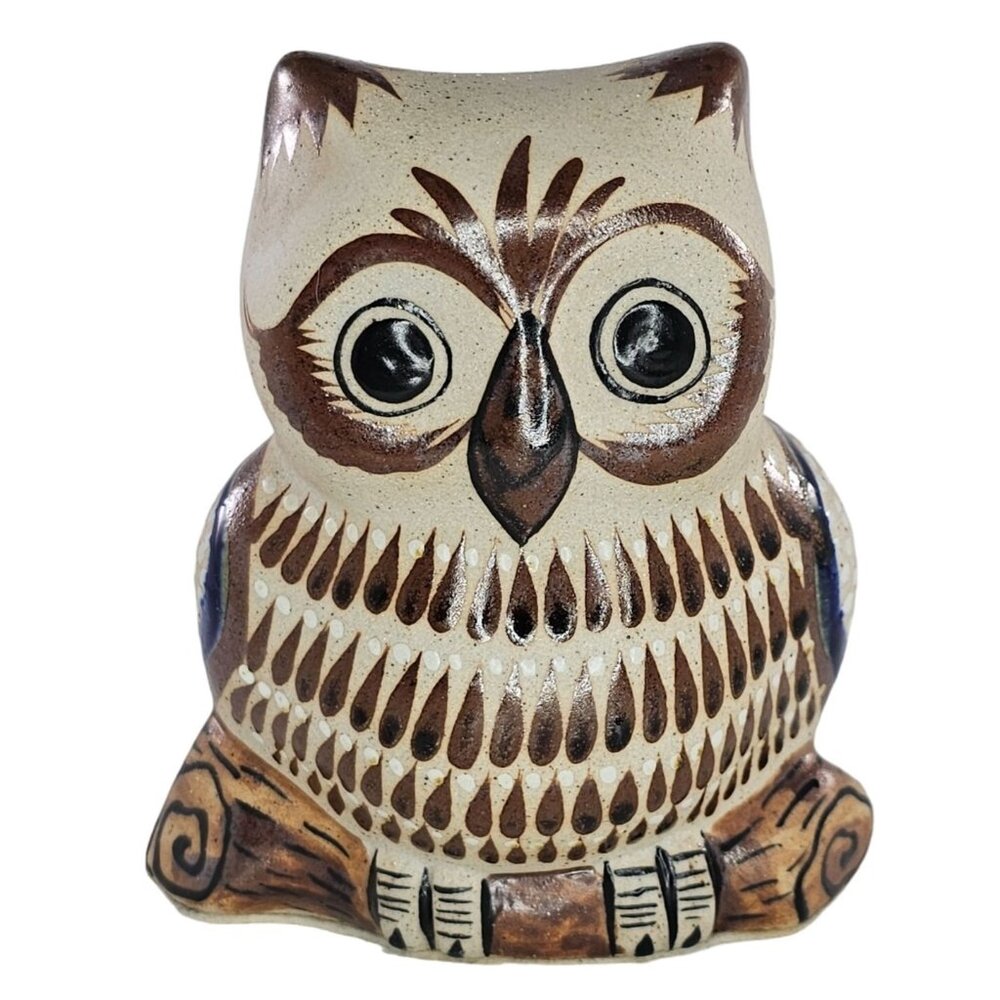 Vintage Tonala Owl Bird Figurine Mexico Folk Art Pottery Figurine Reyna 4.75"